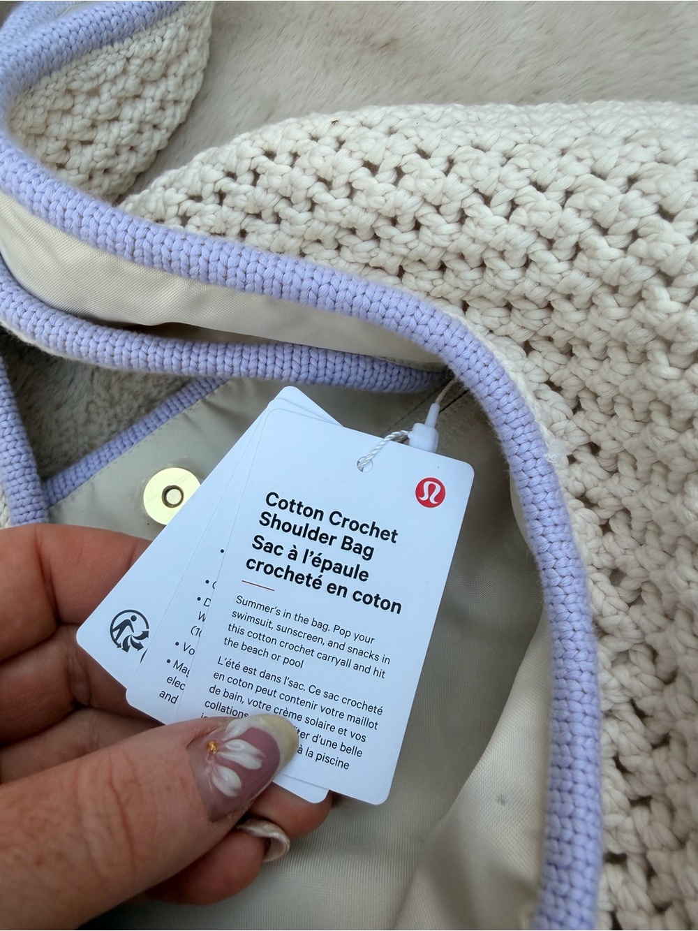 NWT lululemon athletica Cream Crochet Shoulder Bag with Lavender Trim - Picture 10 of 13
